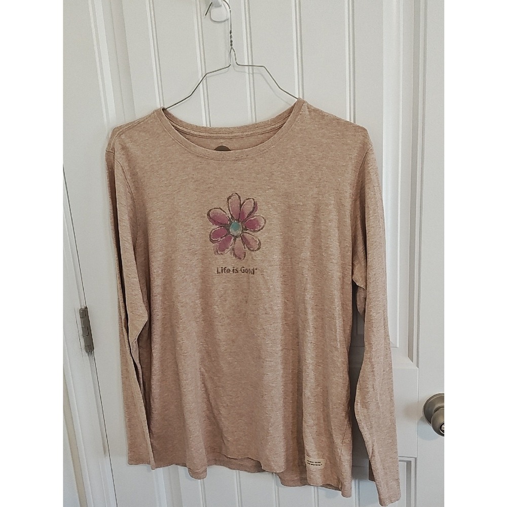 Life is Good Women Shirt XL Classic Fit Flower Graphic Long Sleeve Tee Tan XL